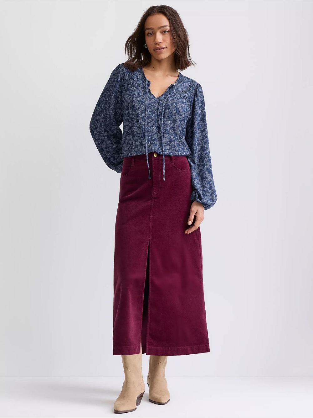 LOFT Burgundy Maxi Corduroy Skirt with Front Slit